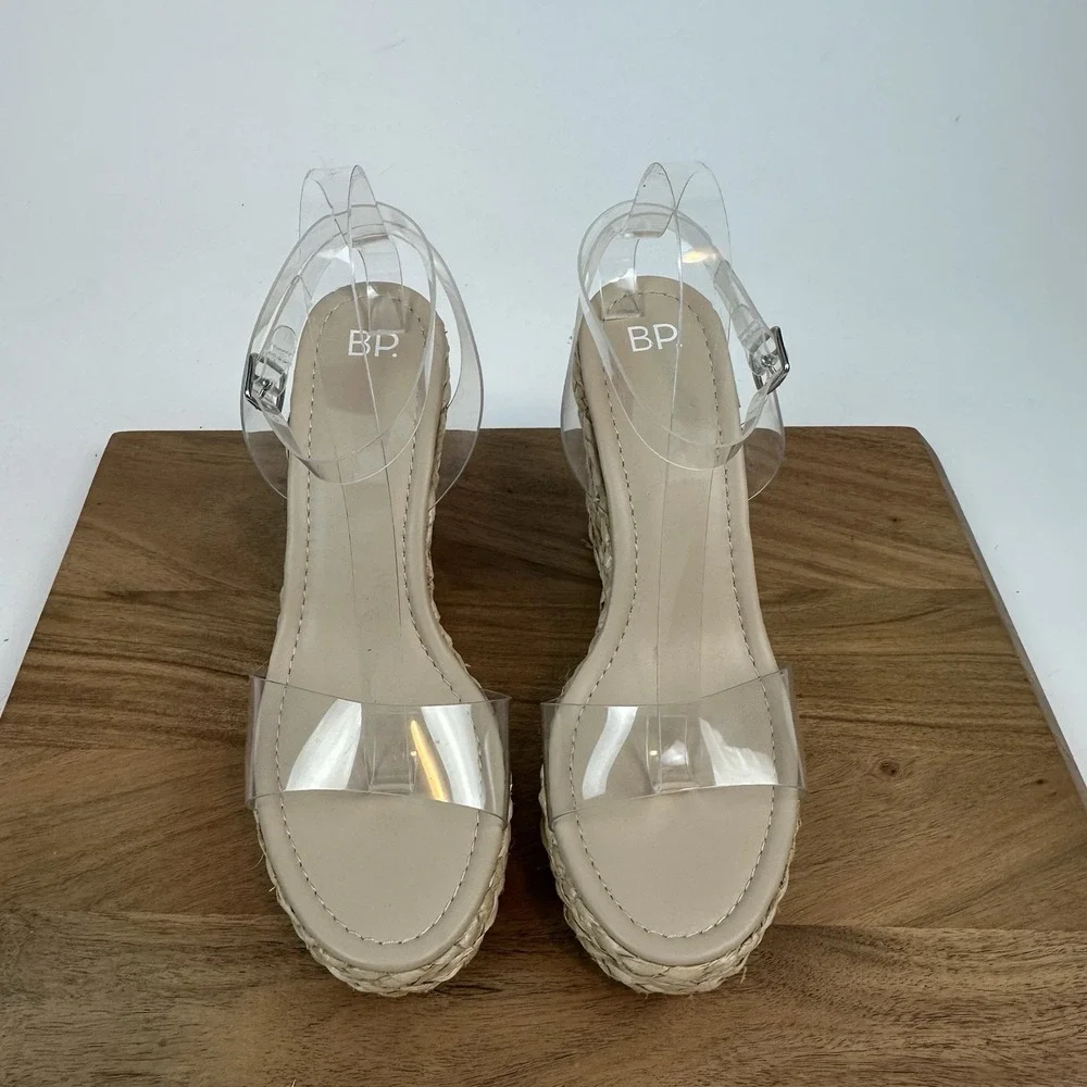 Womens BP Nordstrom Ginny Clear‎ Beige Strappy Espadrille Wedge Sandals Size 9.5